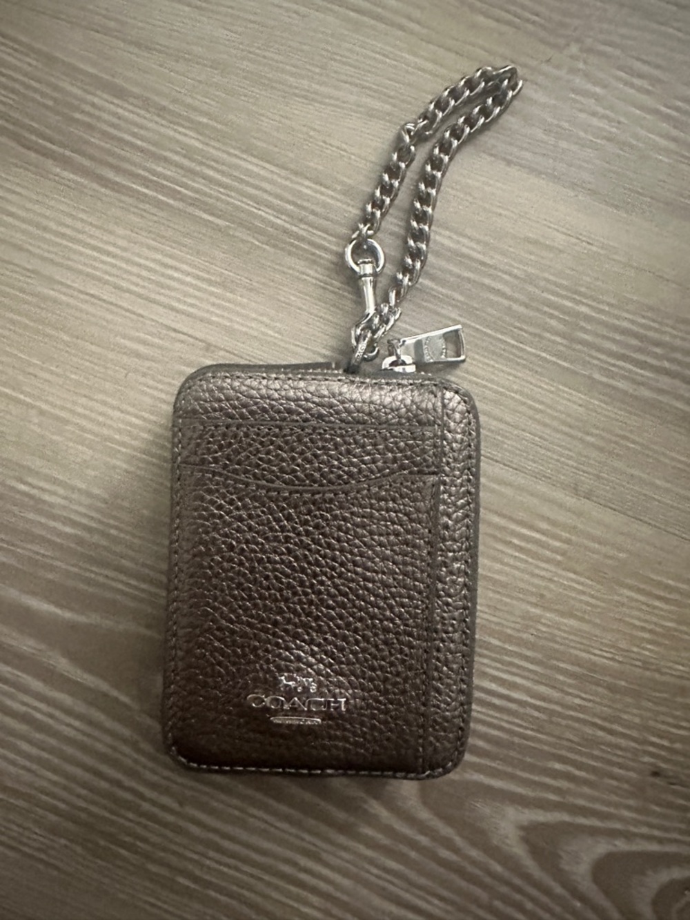 Coach Metallic Silver Pebbled Leather Card Case with Chain